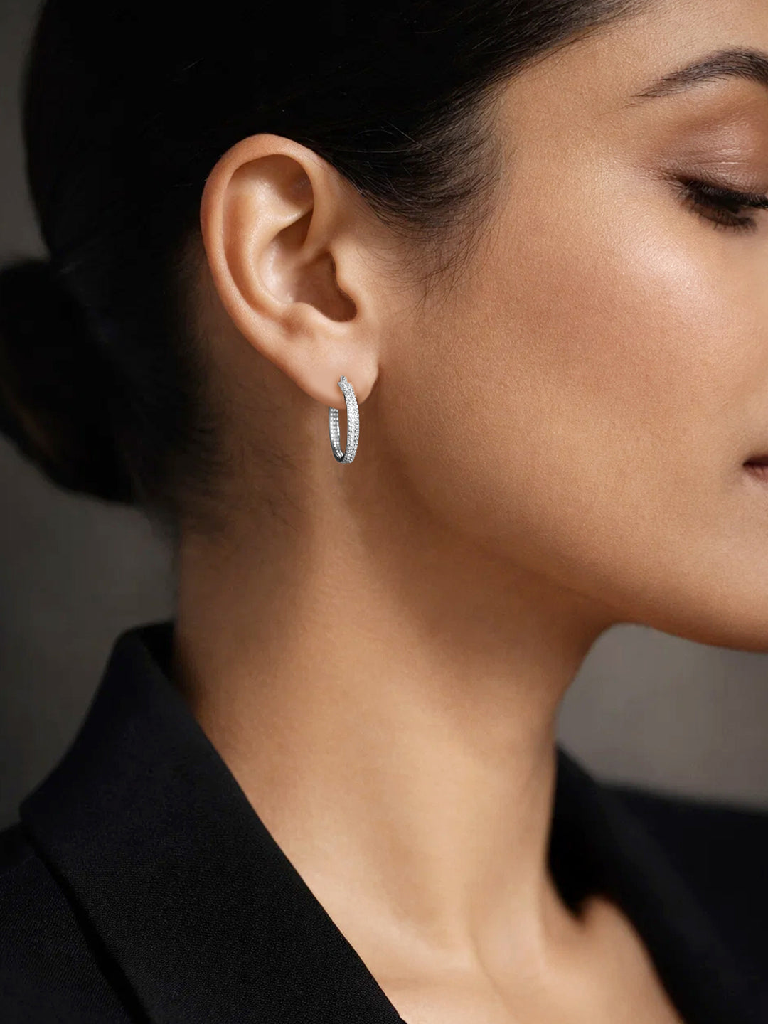 925 Fine Silver Sparkling Zirconia Half-Hoop Earrings Length-2 cm : Width-0.3 cm