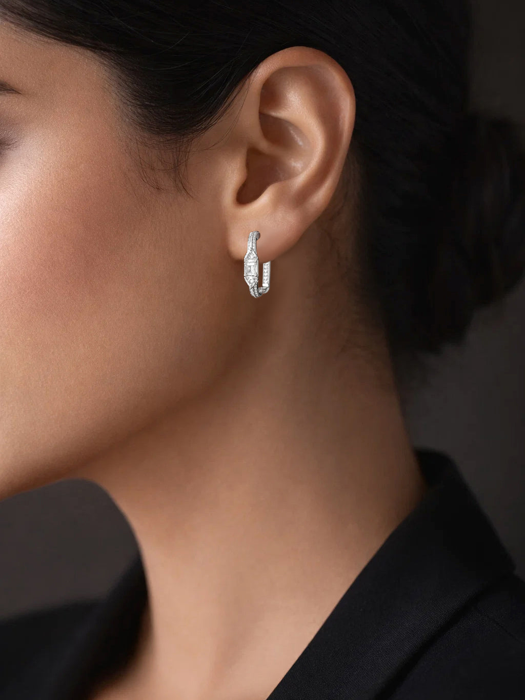 925 Fine Silver Crystal Statement Hoop Earrings Length-2 cm : Width-0.5 cm