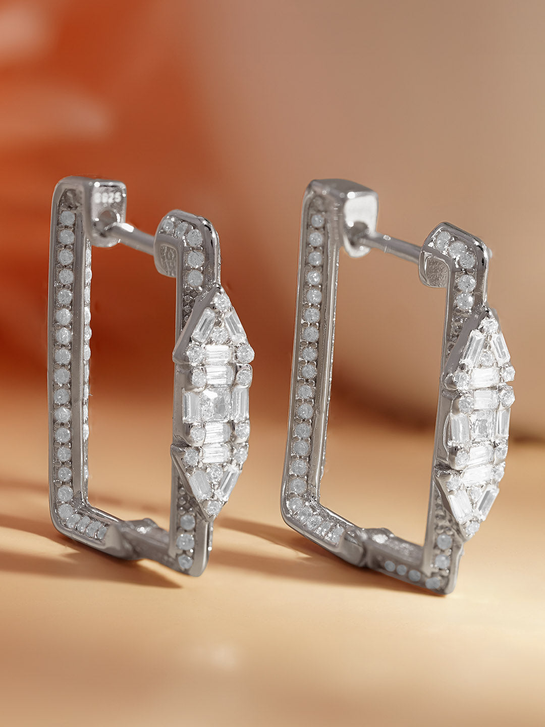 925 Fine Silver Crystal Statement Hoop Earrings Length-2 cm : Width-0.5 cm