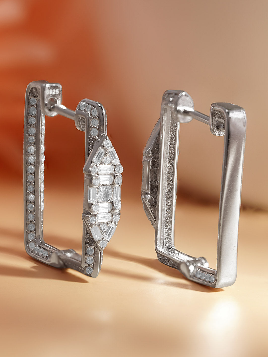 925 Fine Silver Crystal Statement Hoop Earrings Length-2 cm : Width-0.5 cm