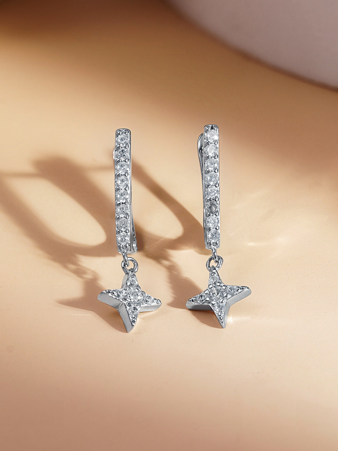 925 Fine Silver Zirconia Star Charm Hoop Drop Length-2.5 cm : Width-0.6 cm