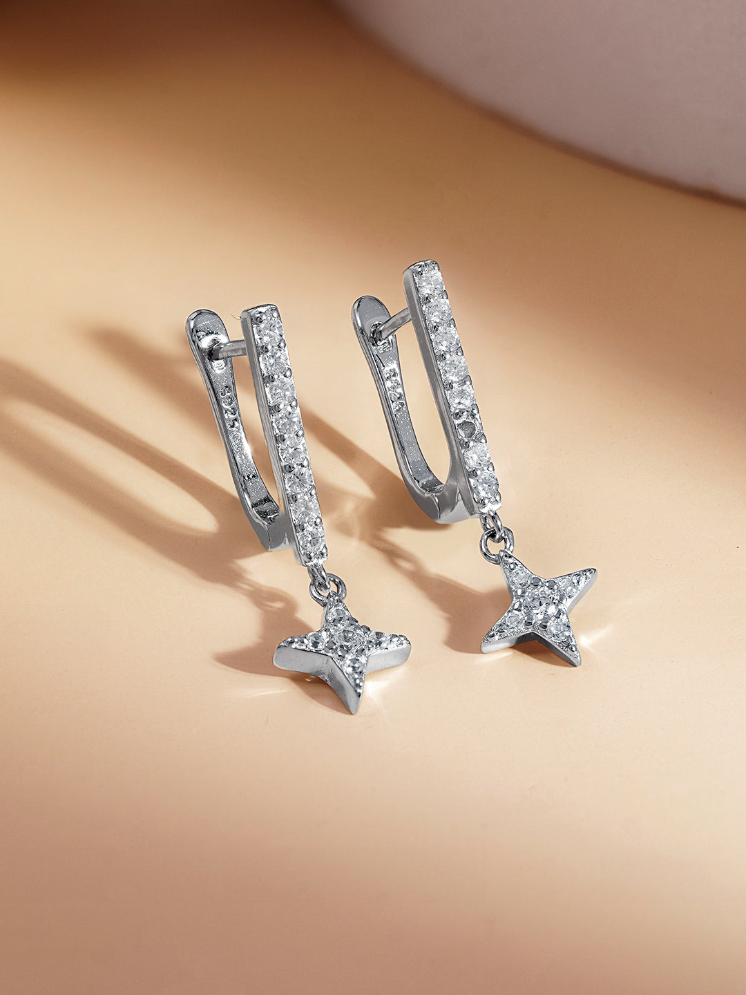 925 Fine Silver Zirconia Star Charm Hoop Drop Length-2.5 cm : Width-0.6 cm