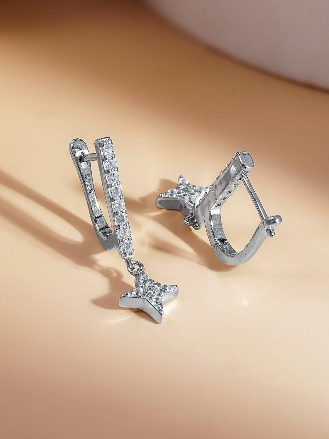 925 Fine Silver Zirconia Star Charm Hoop Drop Length-2.5 cm : Width-0.6 cm