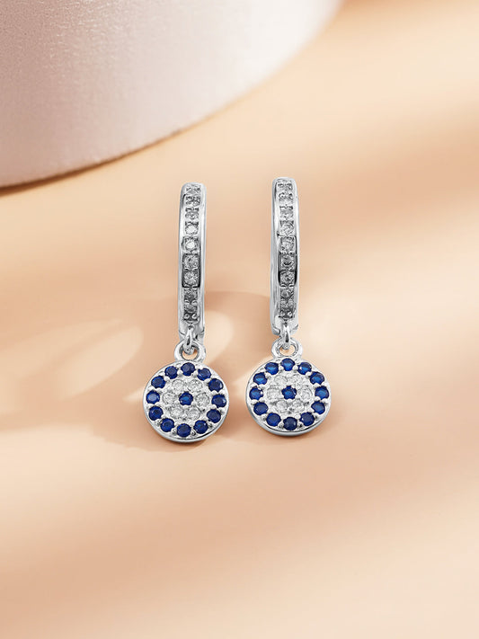 925 Fine Silver Evil Eye Charm Hoop Drop Earrings Length-2.5 cm : Width-0.7 cm