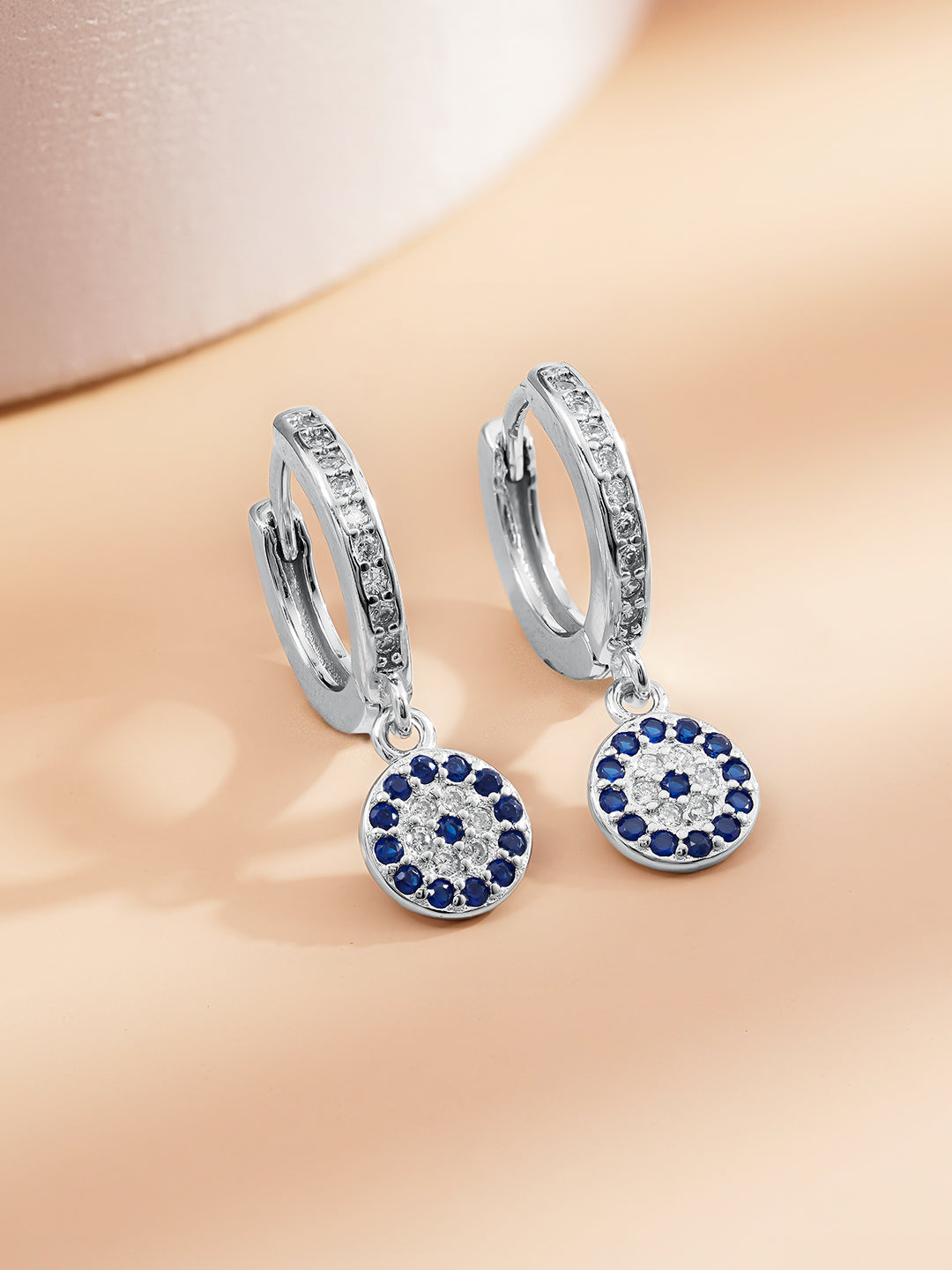 925 Fine Silver Evil Eye Charm Hoop Drop Earrings Length-2.5 cm : Width-0.7 cm