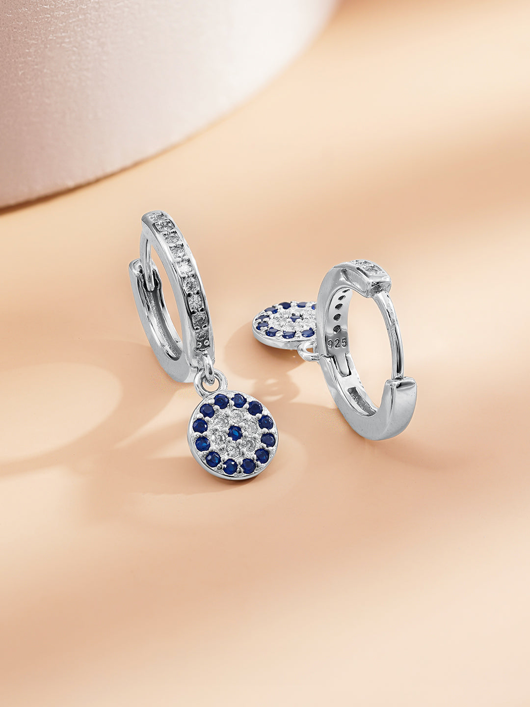 925 Fine Silver Evil Eye Charm Hoop Drop Earrings Length-2.5 cm : Width-0.7 cm