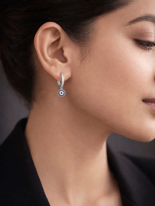925 Fine Silver Evil Eye Charm Hoop Drop Earrings Length-2.5 cm : Width-0.7 cm