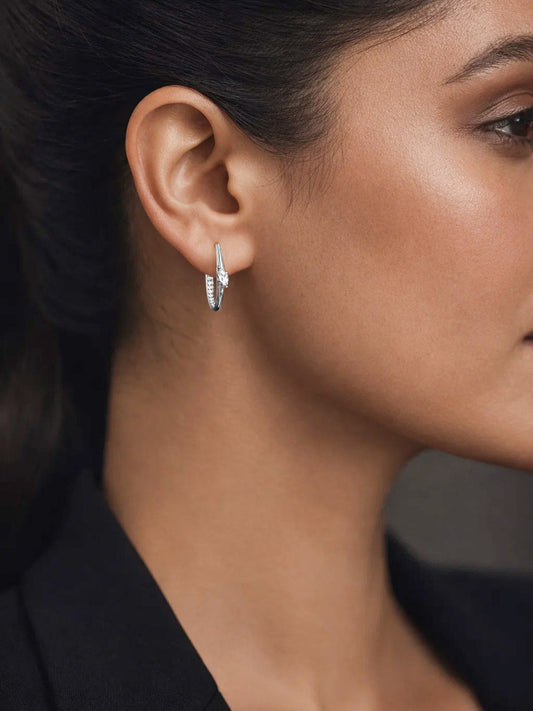 925 Fine Silver Sleek Crystal Hoop Earrings Length-2.5 cm : Width-0.5 cm