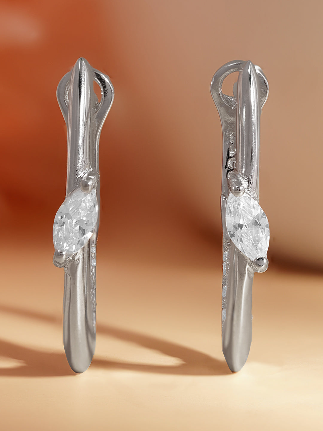 925 Fine Silver Sleek Crystal Hoop Earrings Length-2.5 cm : Width-0.5 cm