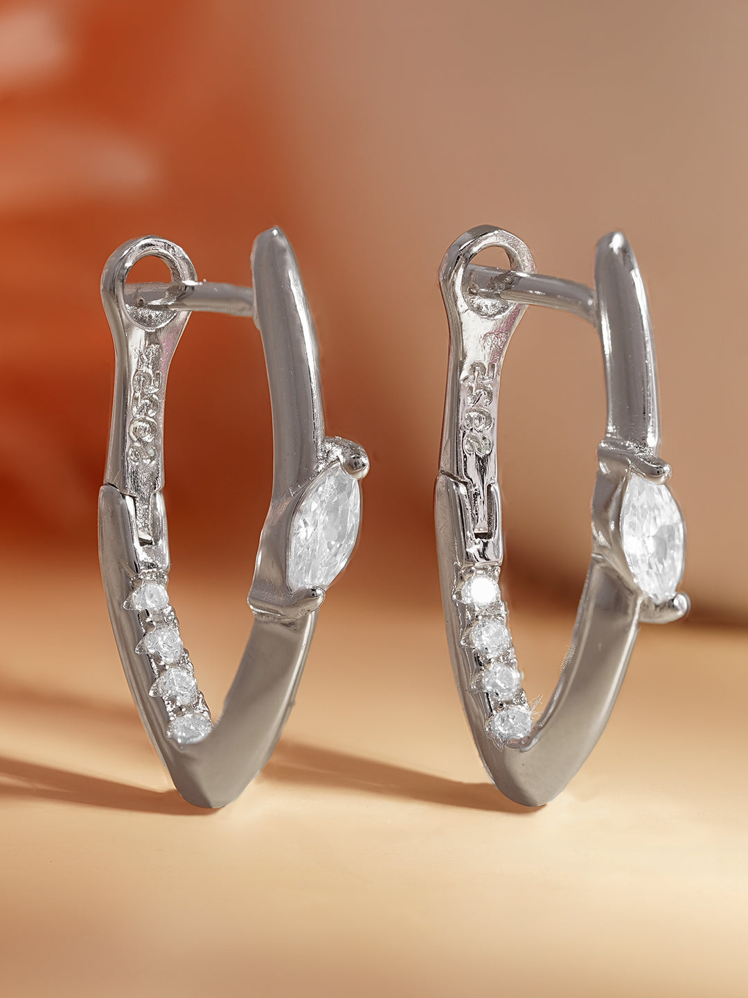 925 Fine Silver Sleek Crystal Hoop Earrings Length-2.5 cm : Width-0.5 cm