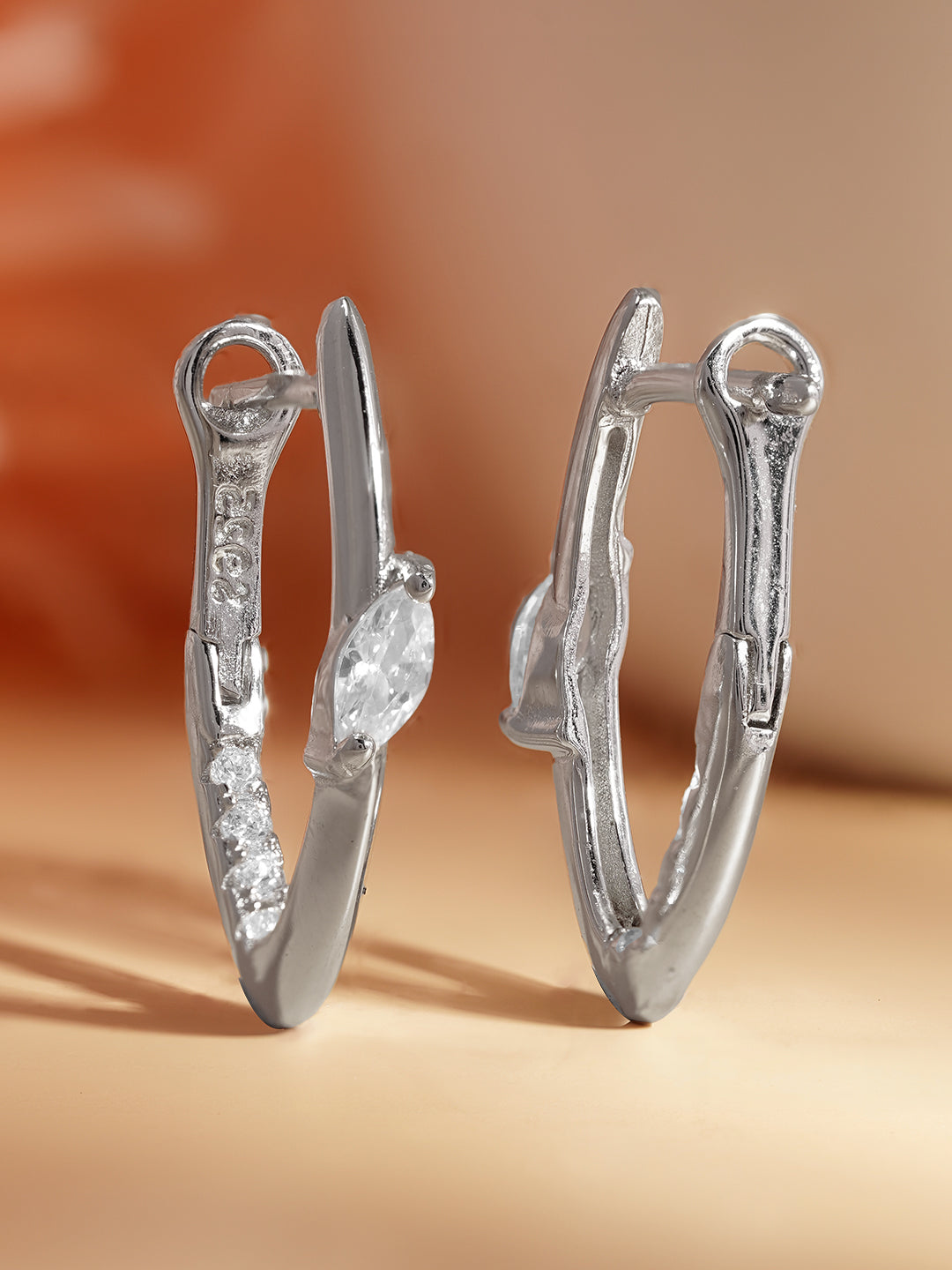 925 Fine Silver Sleek Crystal Hoop Earrings Length-2.5 cm : Width-0.5 cm