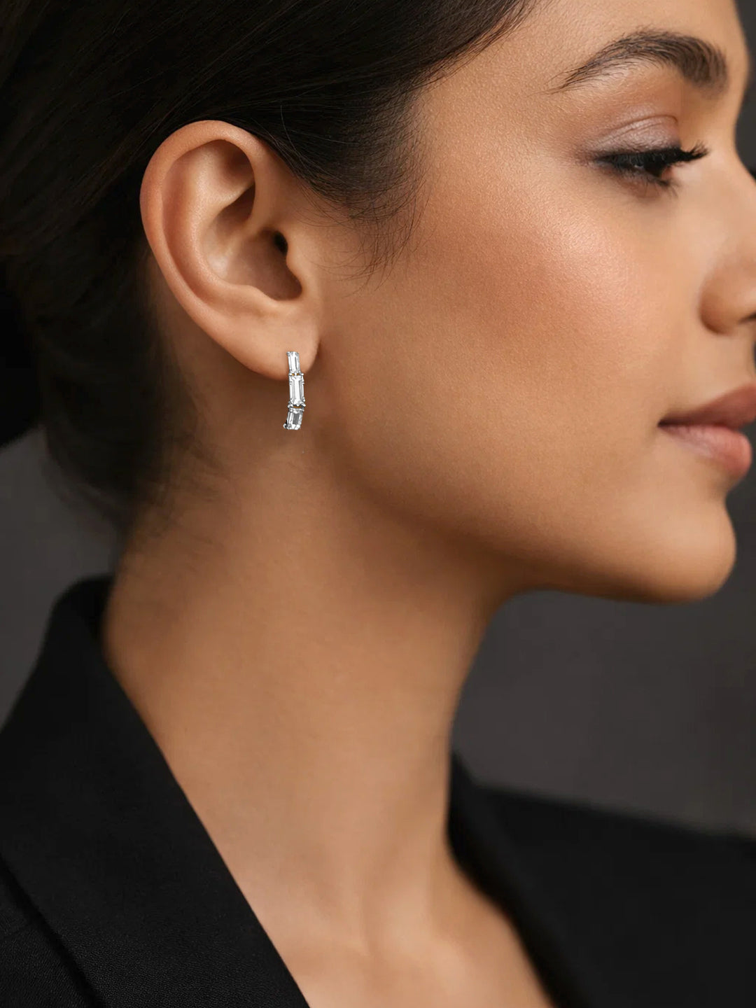 925 Fine Silver Baguette Diamond Drop Earrings Length-2 cm : Width-0.5 cm