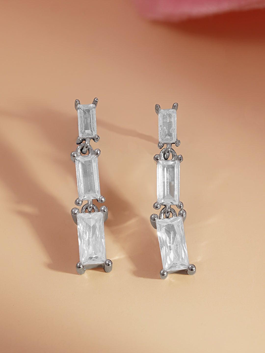 925 Fine Silver Baguette Diamond Drop Earrings Length-2 cm : Width-0.5 cm