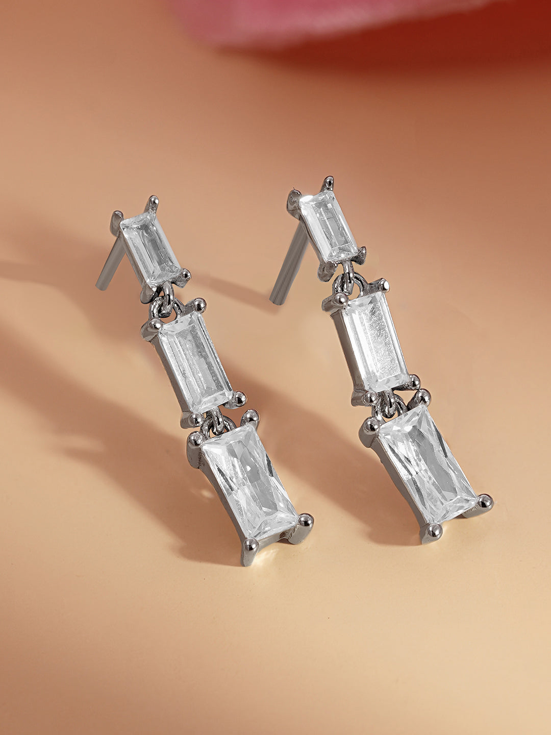 925 Fine Silver Baguette Diamond Drop Earrings Length-2 cm : Width-0.5 cm