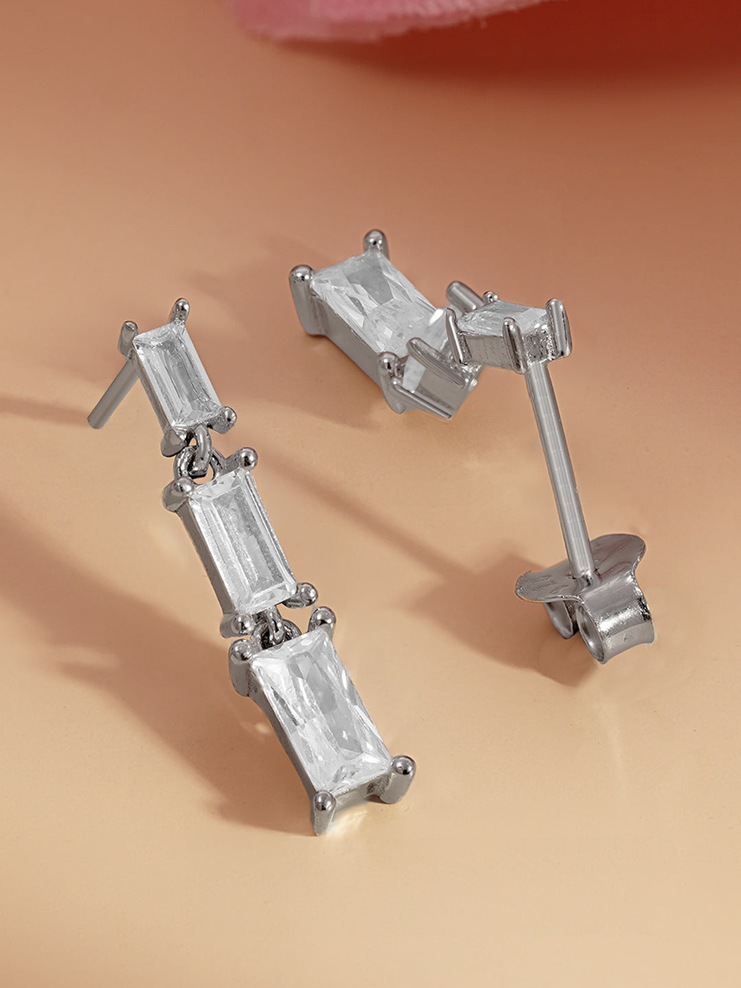 925 Fine Silver Baguette Diamond Drop Earrings Length-2 cm : Width-0.5 cm