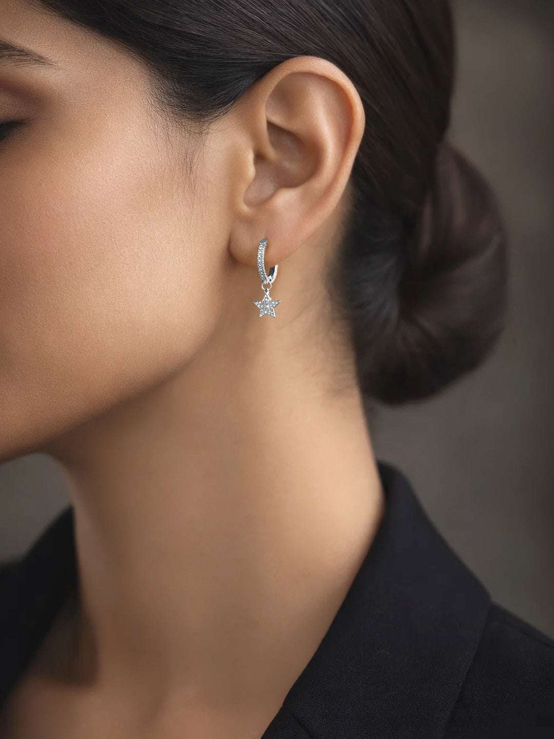 925 Fine Silver Zirconia Star Charm Hoop Earrings Length-2 cm : Width-0.5 cm