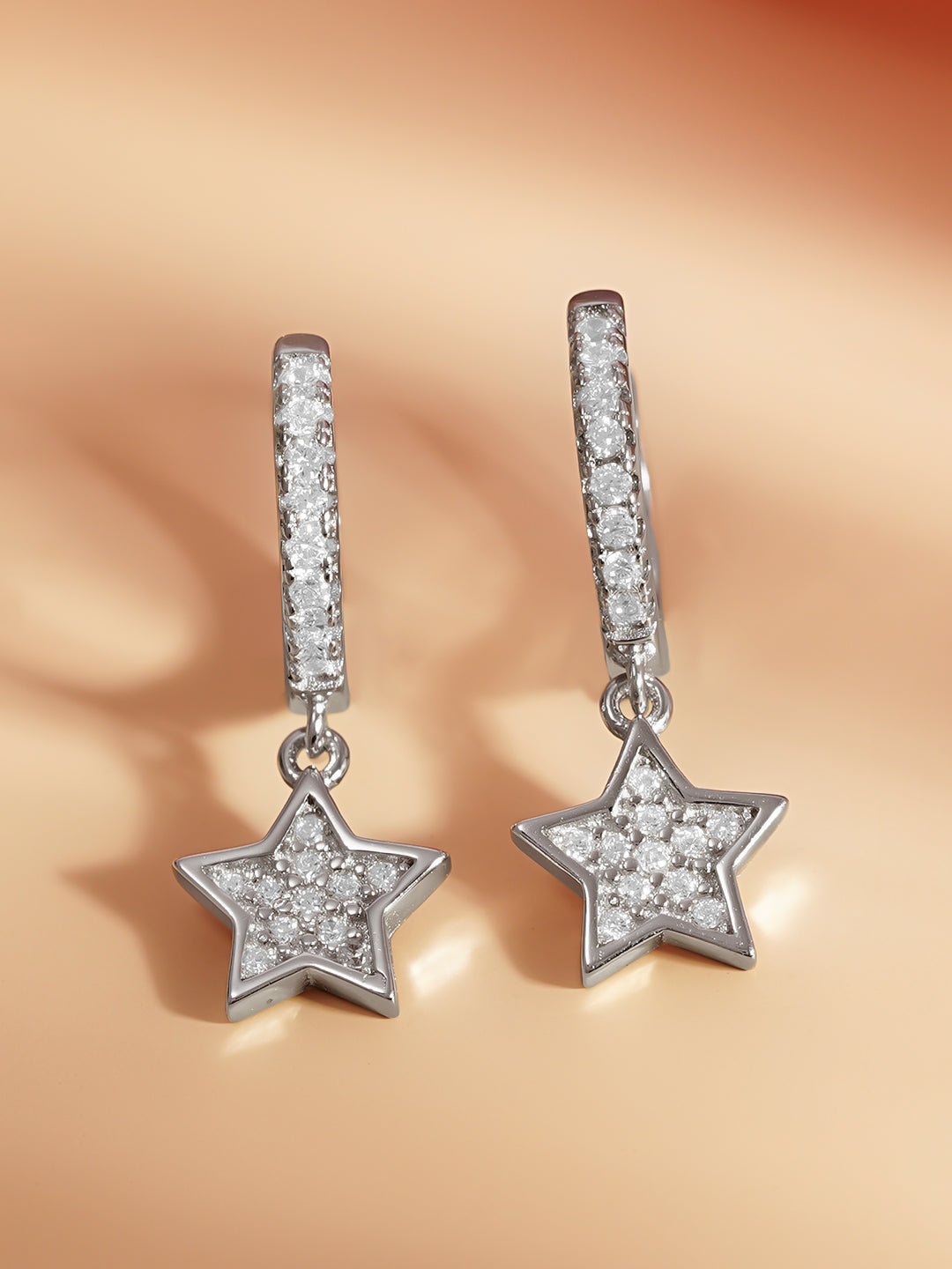 925 Fine Silver Zirconia Star Charm Hoop Earrings Length-2 cm : Width-0.5 cm