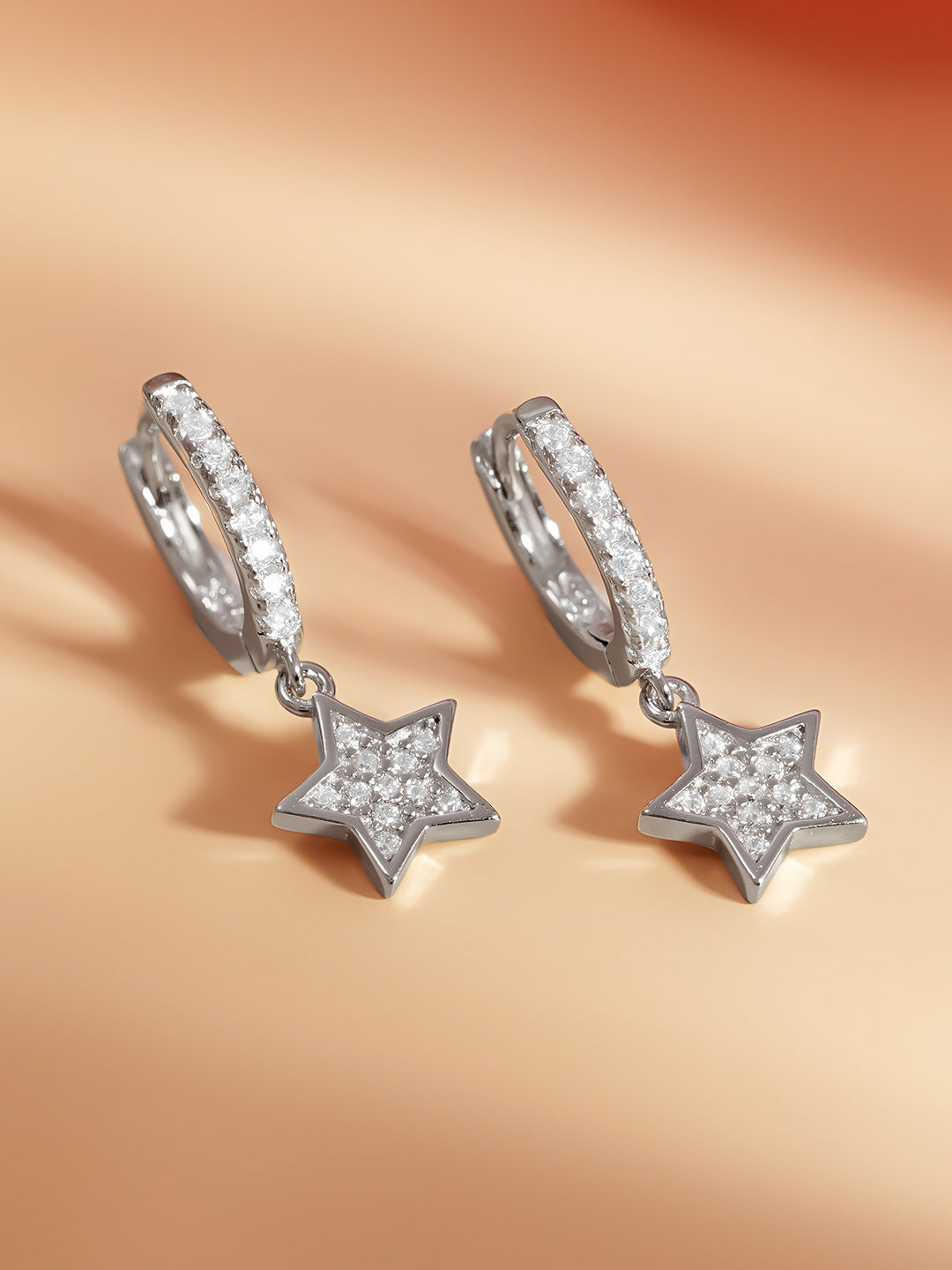 925 Fine Silver Zirconia Star Charm Hoop Earrings Length-2 cm : Width-0.5 cm