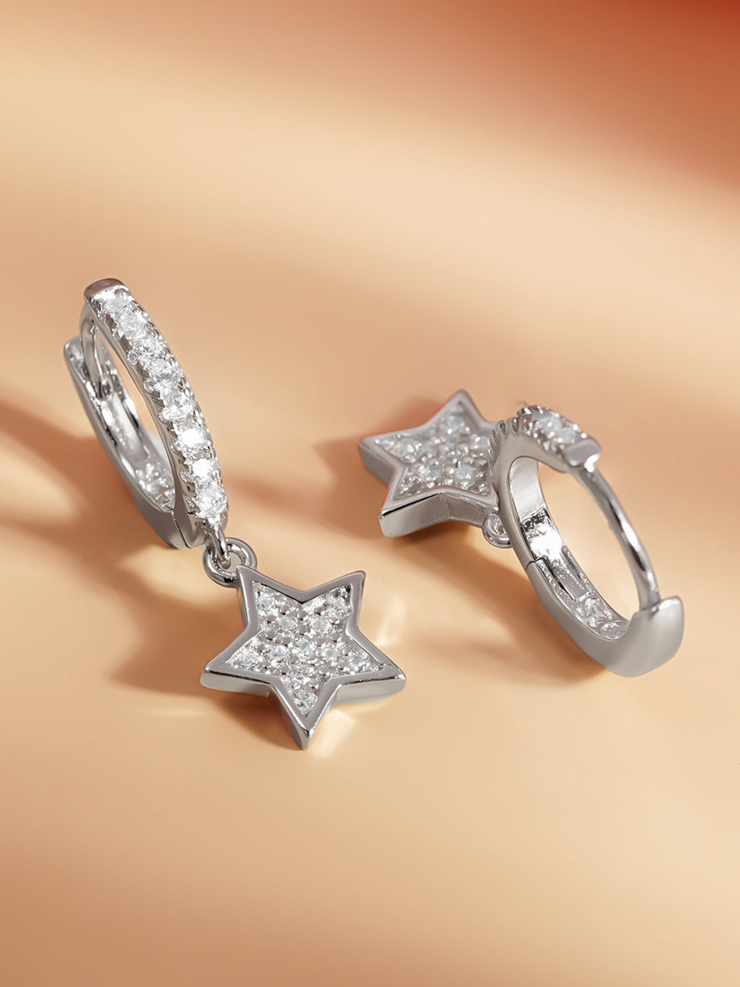 925 Fine Silver Zirconia Star Charm Hoop Earrings Length-2 cm : Width-0.5 cm