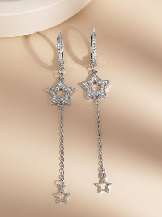 925 Fine Silver Star Chain Drop Earrings Length-7 cm : Width-1.2 cm