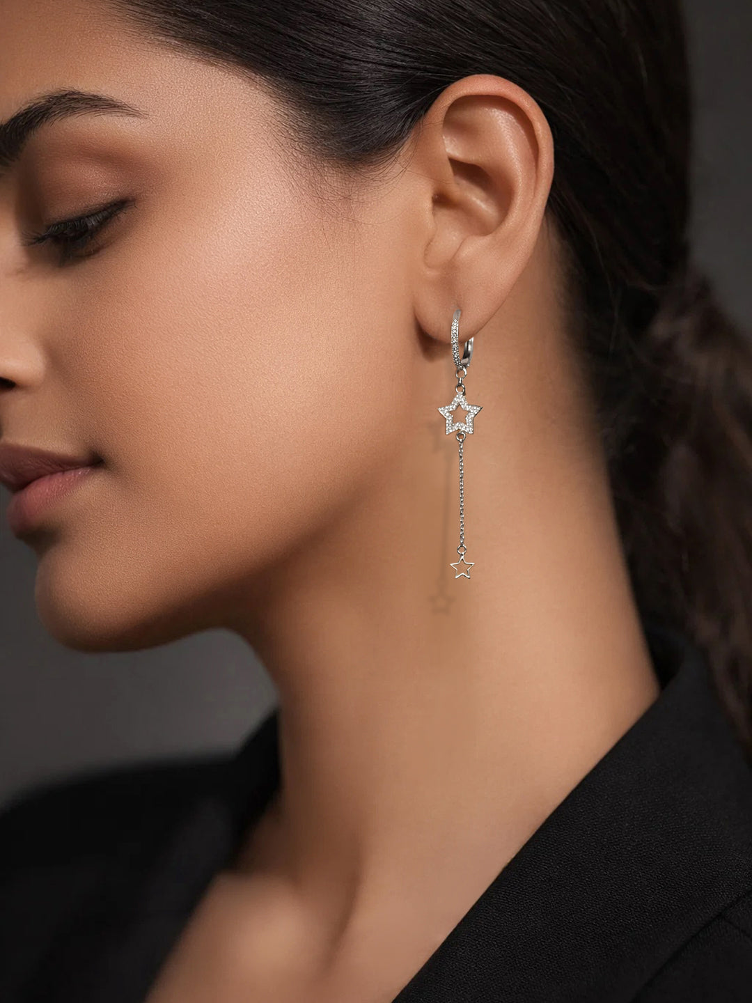 925 Fine Silver Star Chain Drop Earrings Length-7 cm : Width-1.2 cm