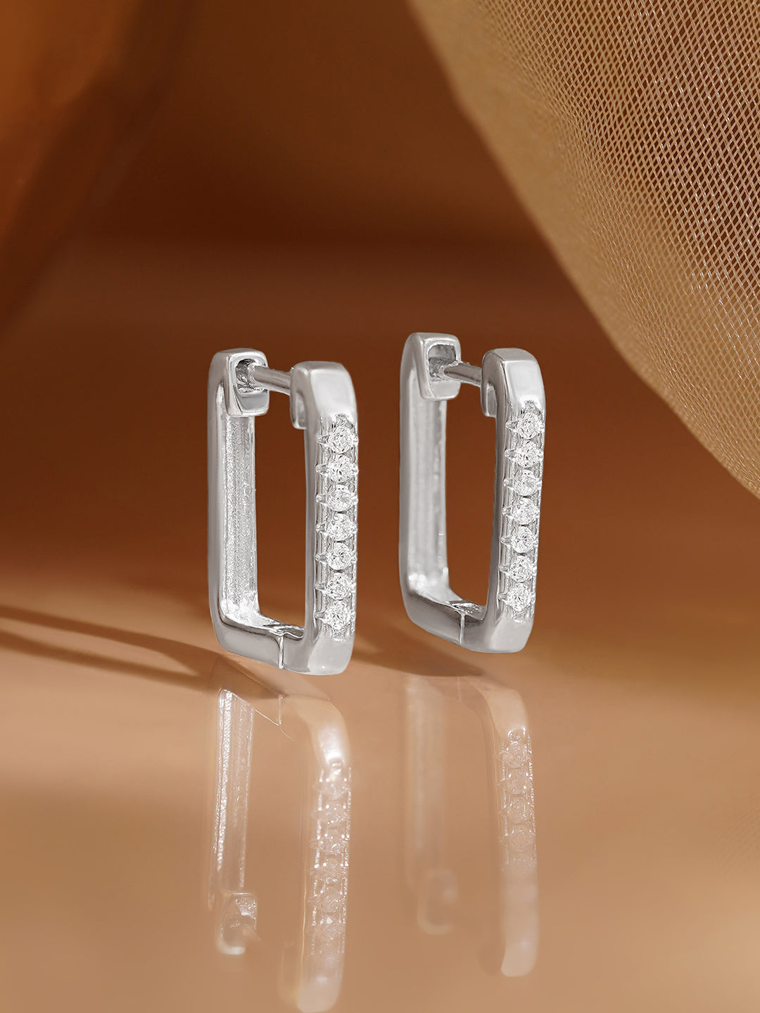 925 Fine Silver Zirconia Bar Hoop Earrings Length-1.5 cm : Width-0.2 cm