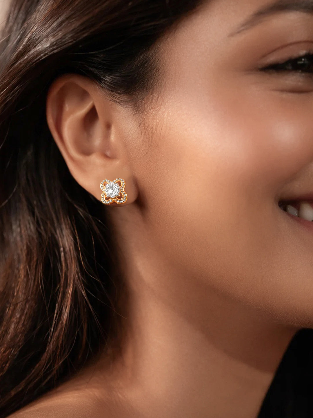 925 Silver Diamond Floral Stud Earrings フリーサイズ