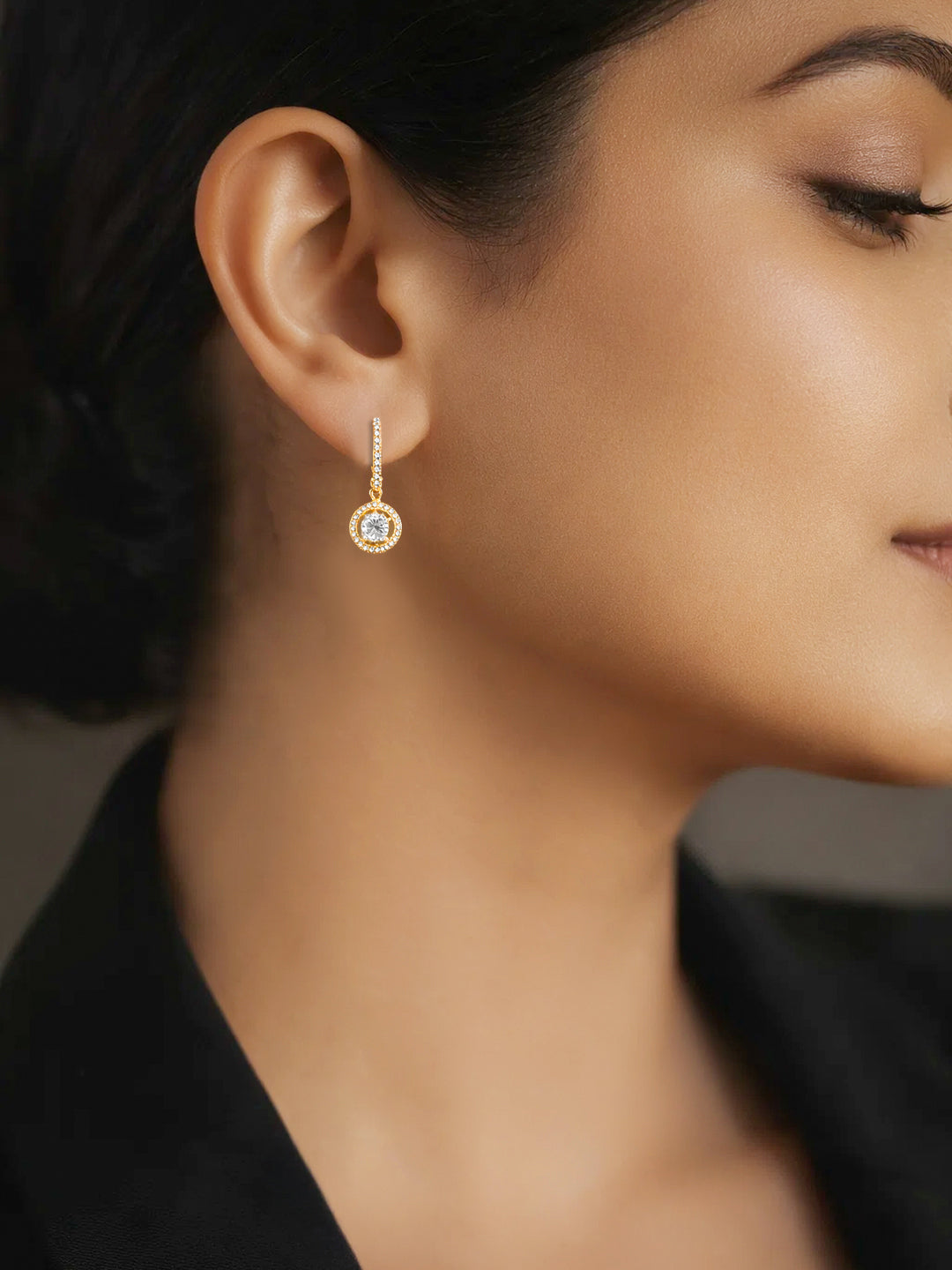 925 Fine Silver Solitaire Halo Drop Earrings Length-2.5 cm : Width-1 cm