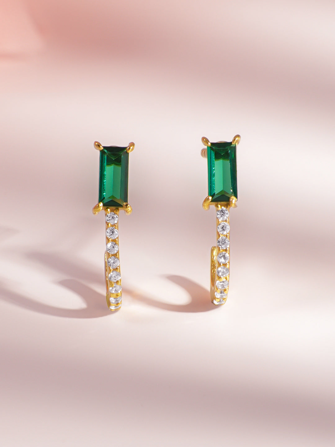 925 Fine Silver Emerald Diamond Stud Earrings Length-1.5 cm : Width-0.5 cm
