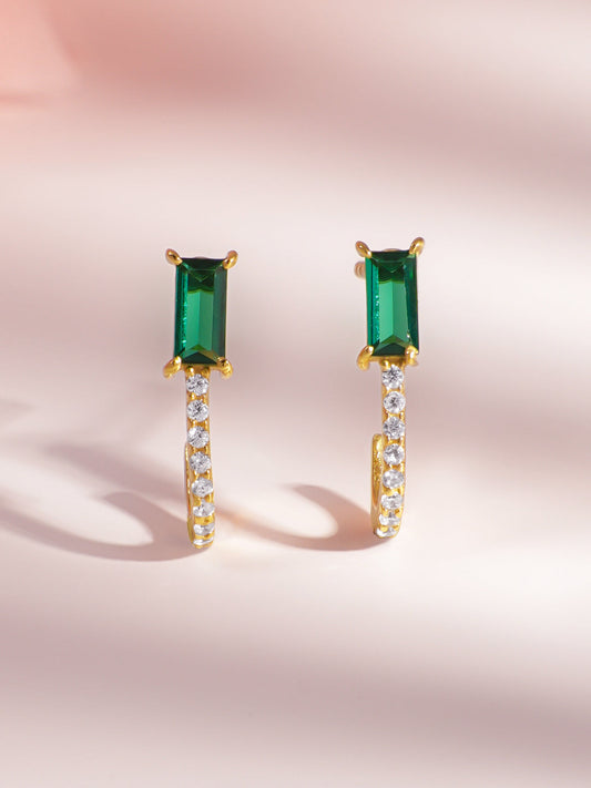 925 Fine Silver Emerald Diamond Stud Earrings Length-1.5 cm : Width-0.5 cm