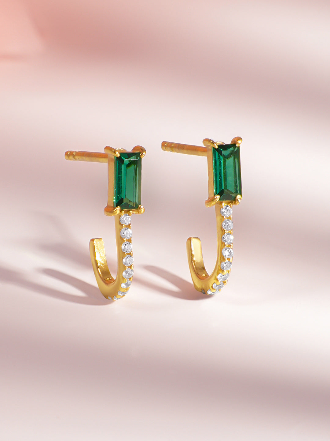 925 Fine Silver Emerald Diamond Stud Earrings Length-1.5 cm : Width-0.5 cm