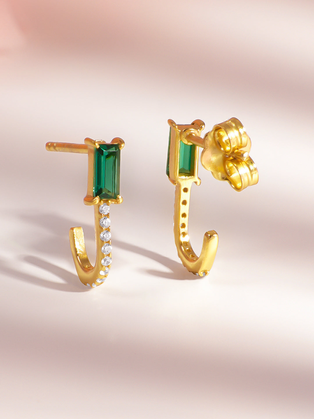 925 Fine Silver Emerald Diamond Stud Earrings Length-1.5 cm : Width-0.5 cm
