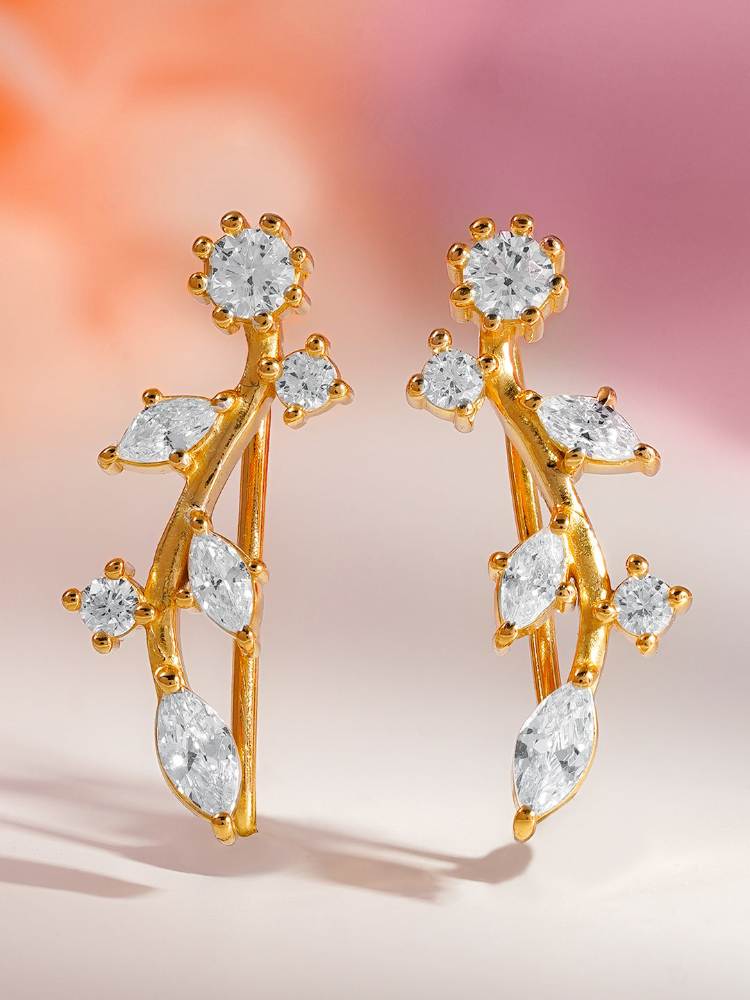 925 Fine Silver Crystal Leaf Stud Earrings Length-2 cm : Width-0.3 cm