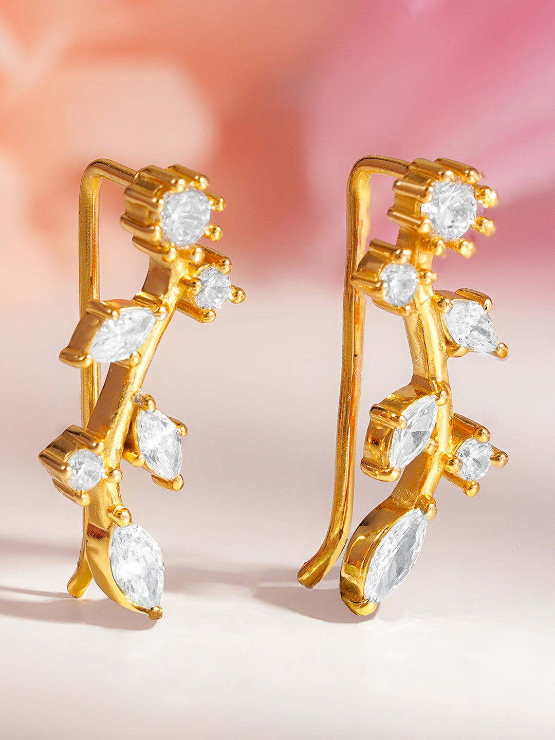 925 Fine Silver Crystal Leaf Stud Earrings Length-2 cm : Width-0.3 cm
