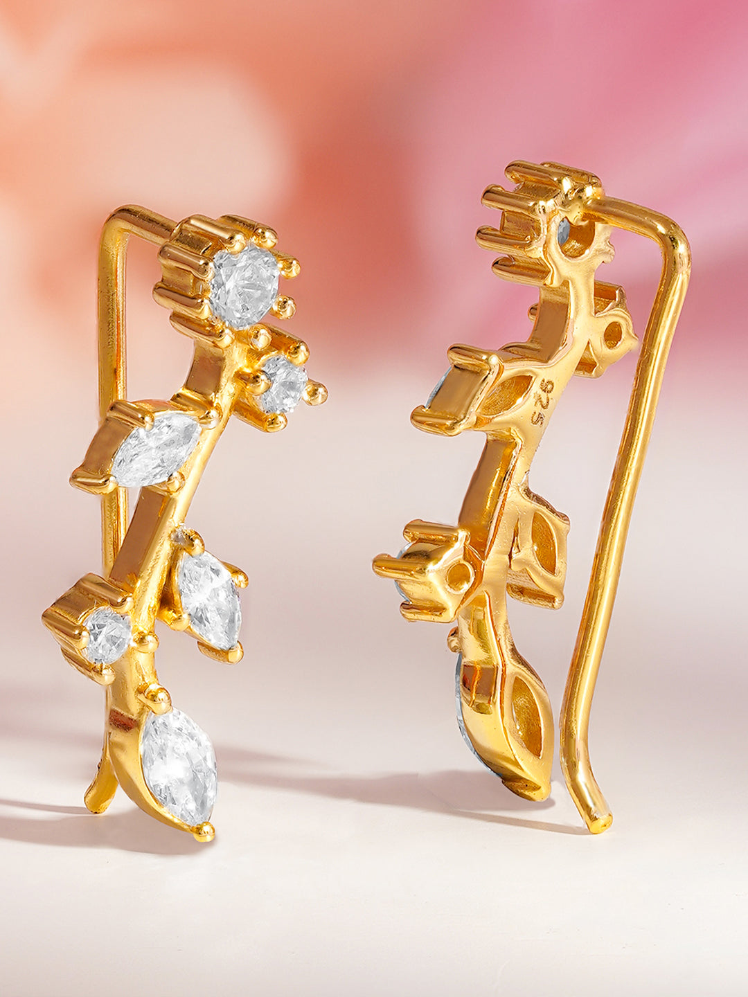 925 Fine Silver Crystal Leaf Stud Earrings Length-2 cm : Width-0.3 cm