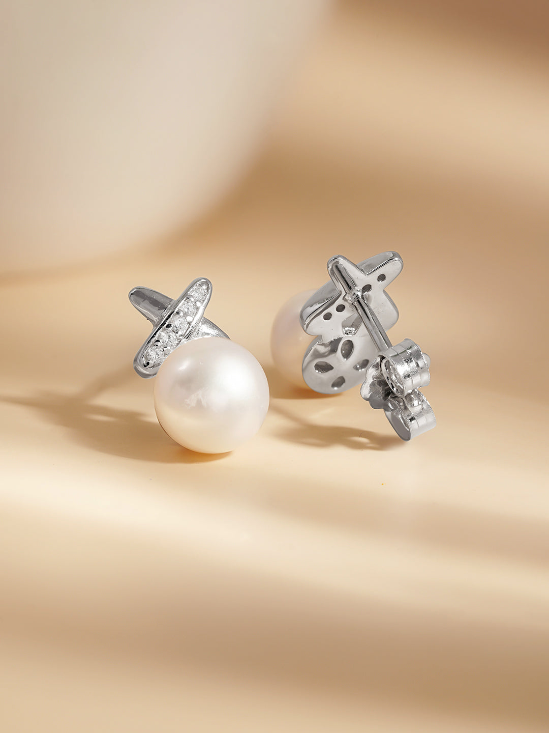 925 Fine Silver Pearl Glow Stud Earrings Length-1 cm : Width-0.5 cm
