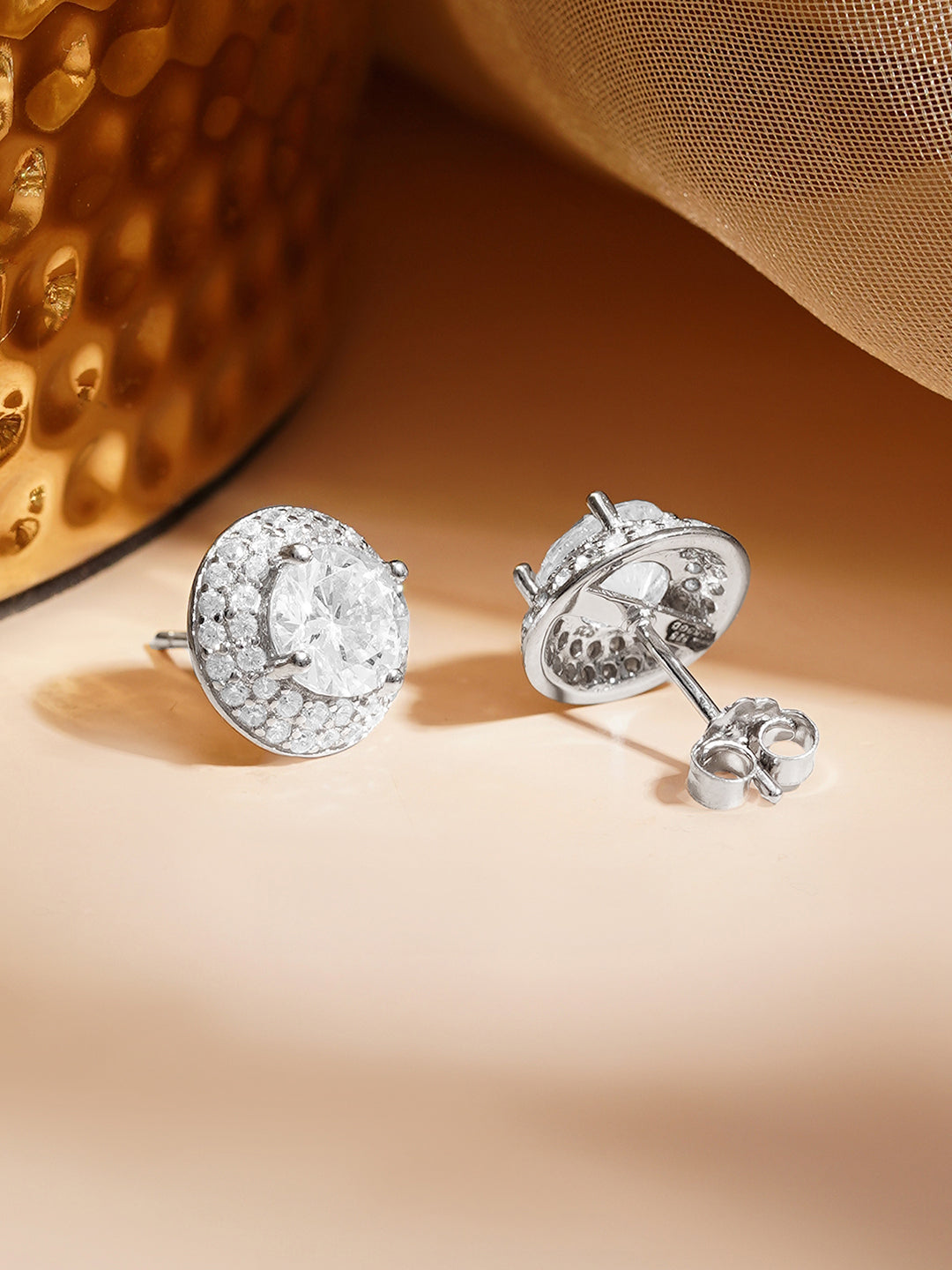 925 Fine Silver Solitaire Zirconia Statement Stud Earrings Length-1 cm : Width-1 cm