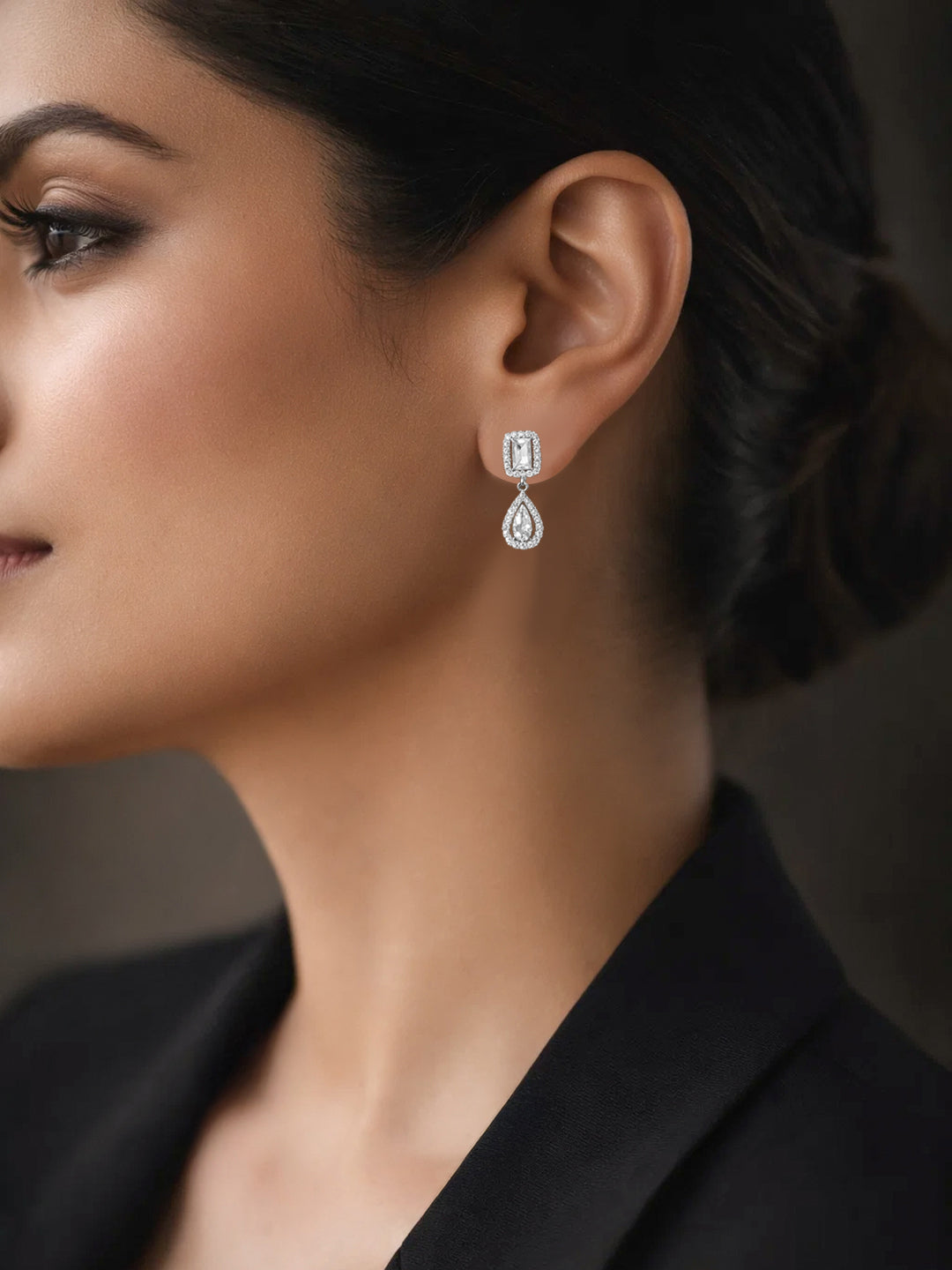 925 Fine Silver American Diamond Double Drop Earrings Length-2 cm : Width-0.7 cm
