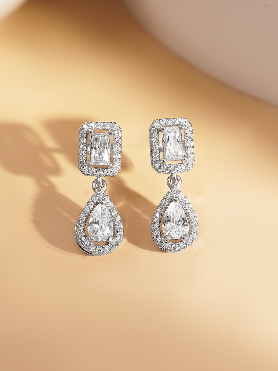 925 Fine Silver American Diamond Double Drop Earrings Length-2 cm : Width-0.7 cm