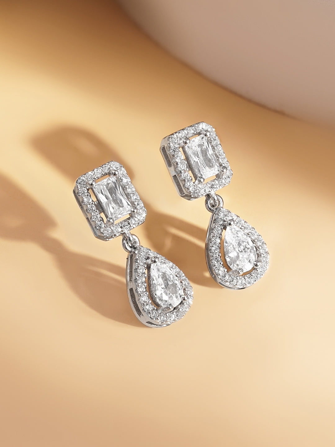 925 Fine Silver American Diamond Double Drop Earrings Length-2 cm : Width-0.7 cm