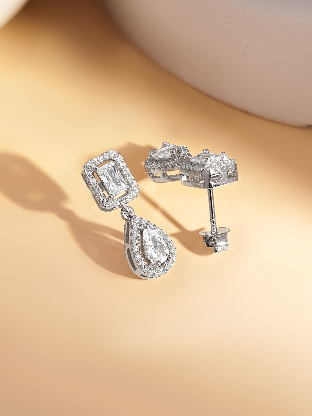 925 Fine Silver American Diamond Double Drop Earrings Length-2 cm : Width-0.7 cm