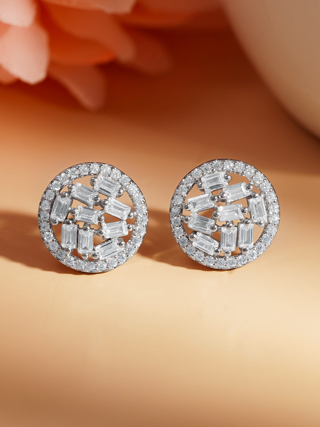 925 Fine Silver Crystal Zirconia Halo Stud Earrings Length-1.2 cm : Width-1 cm