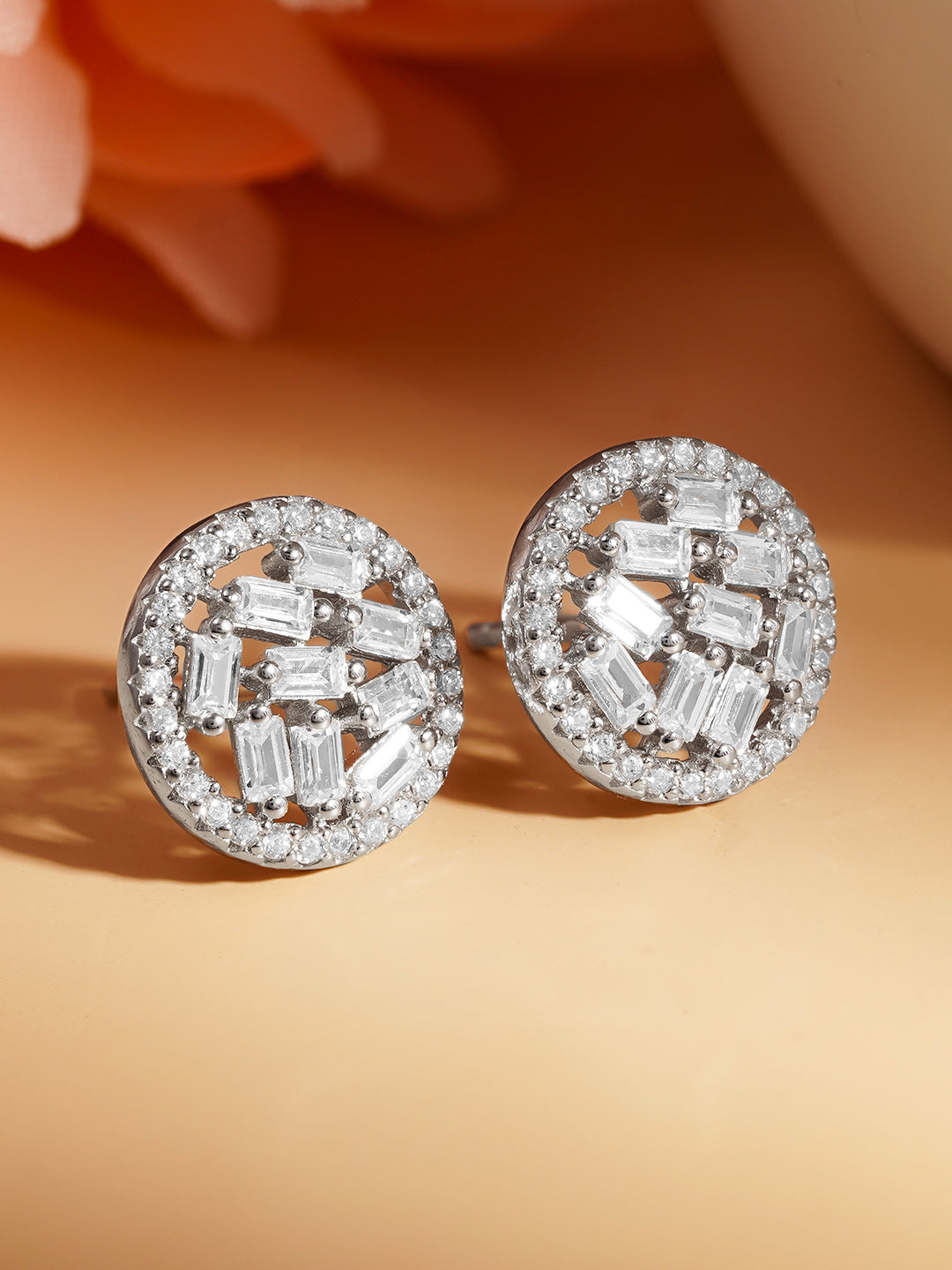 925 Fine Silver Crystal Zirconia Halo Stud Earrings Length-1.2 cm : Width-1 cm