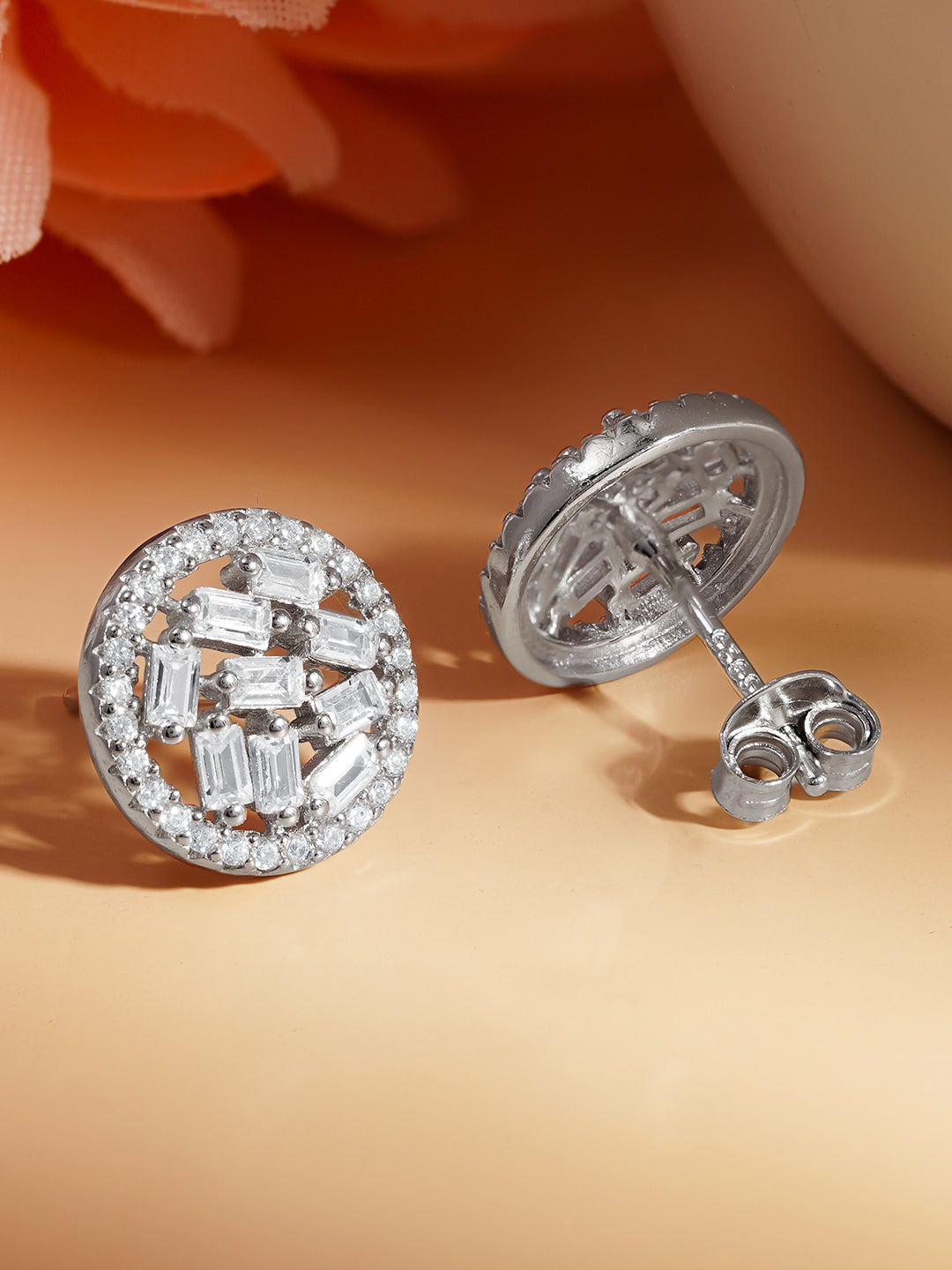 925 Fine Silver Crystal Zirconia Halo Stud Earrings Length-1.2 cm : Width-1 cm