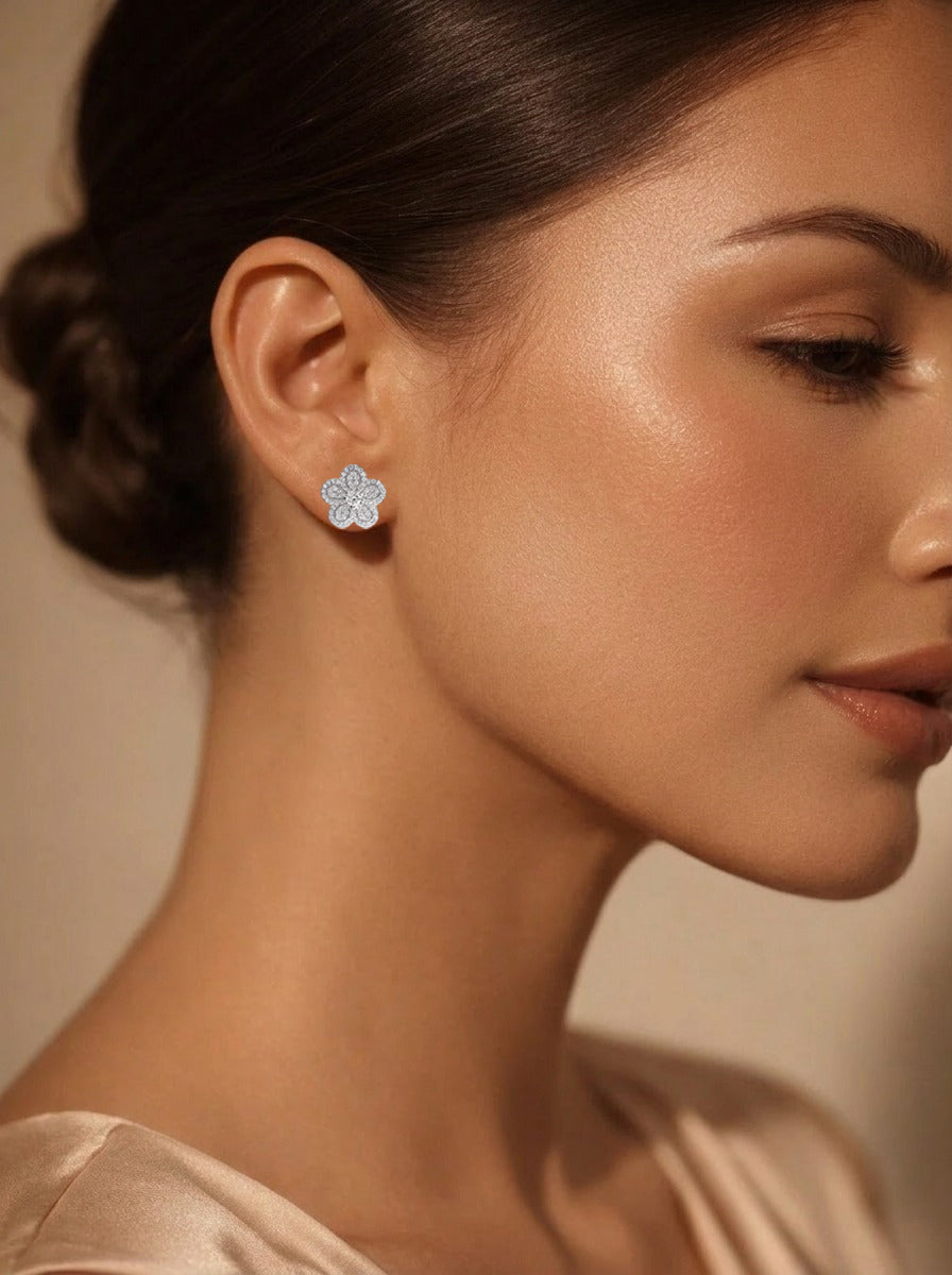925 Fine Silver Blooming Crystal Stud Earrings Length-1.5 cm : Width-1.5 cm
