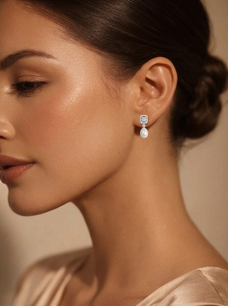 925 Fine Silver American Diamond Pearl Drop Earrings Length-2.5 cm : Width-0.7 cm