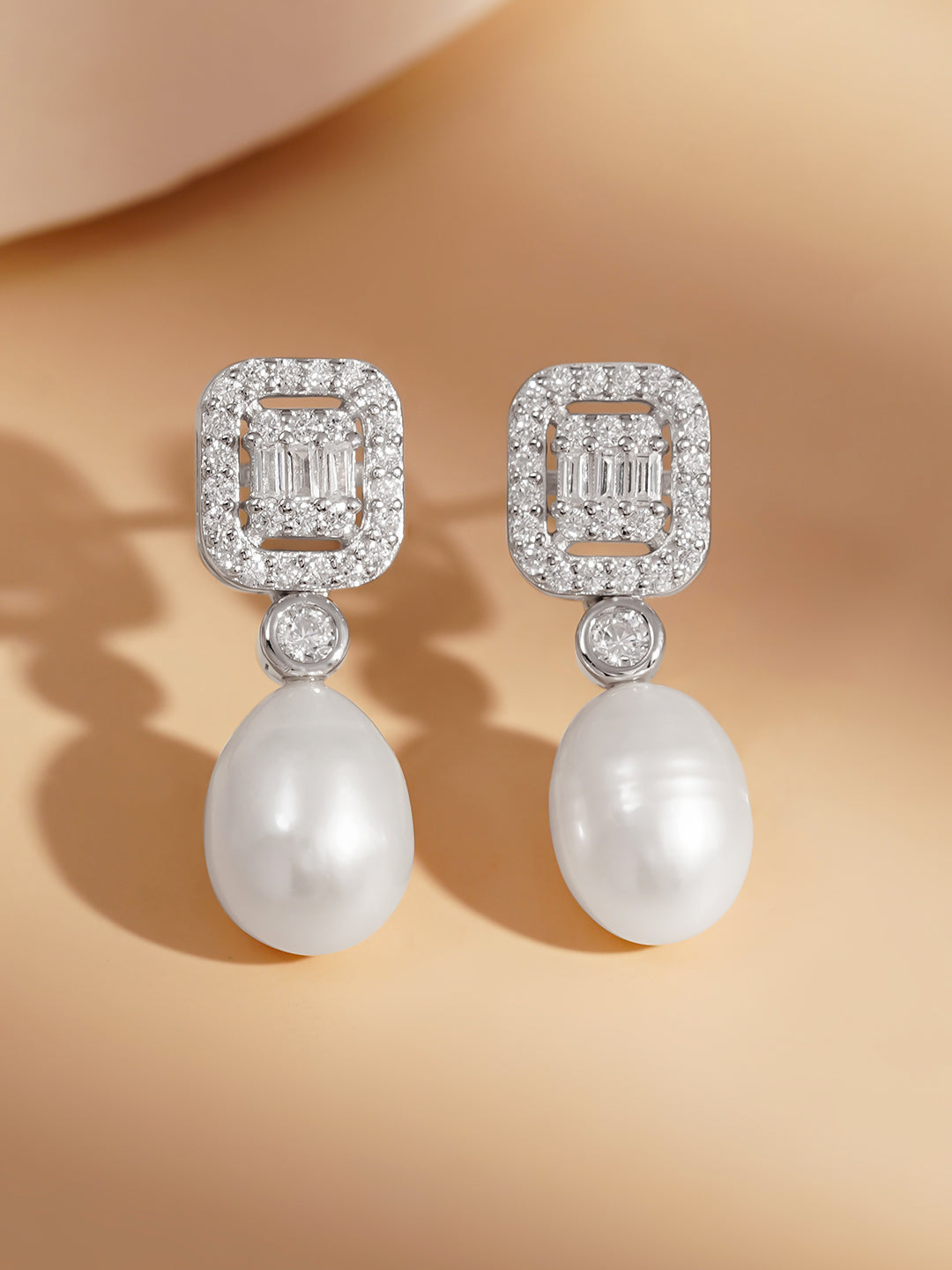 925 Fine Silver American Diamond Pearl Drop Earrings Length-2.5 cm : Width-0.7 cm