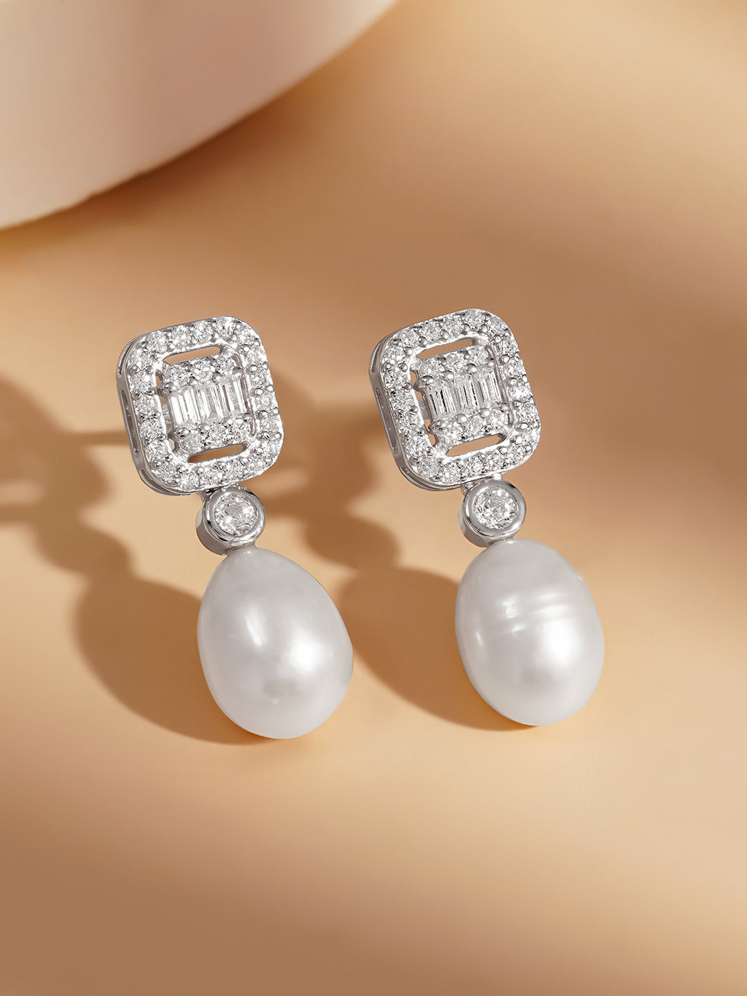 925 Fine Silver American Diamond Pearl Drop Earrings Length-2.5 cm : Width-0.7 cm