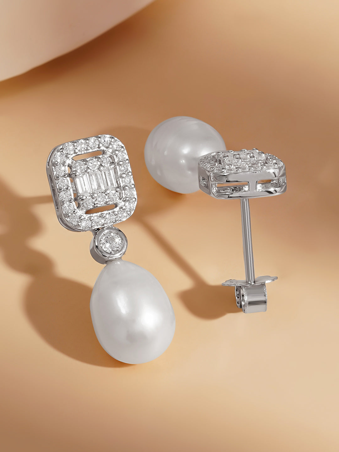 925 Fine Silver American Diamond Pearl Drop Earrings Length-2.5 cm : Width-0.7 cm