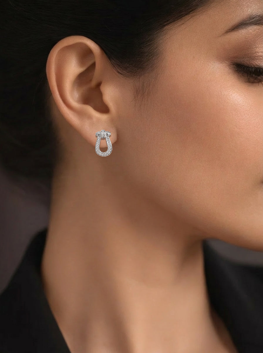 925 Fine Silver Zirconia U Shape Stud Earrings Length-1.2 cm : Width-1 cm